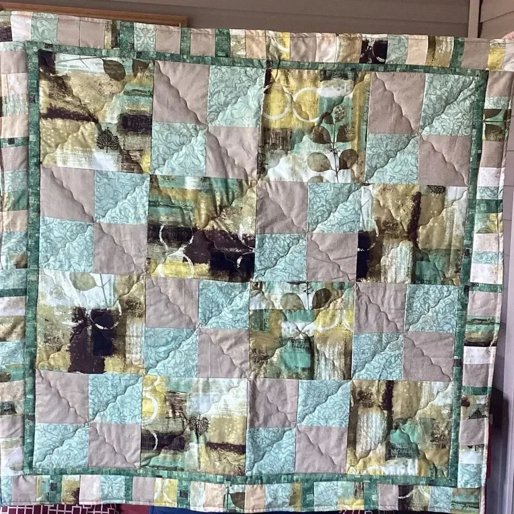 NWT Hand Crafted Greens and Golds Nature Prints Lap Quilt